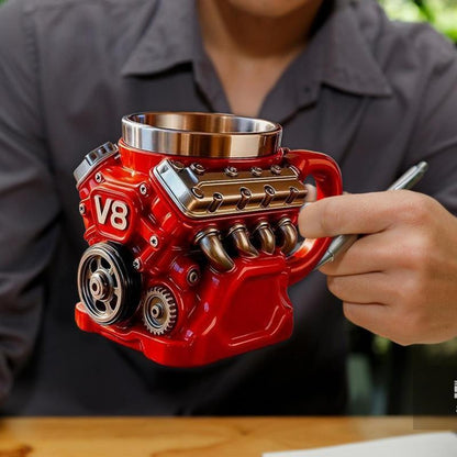 Engine-Themed Coffee Mug, a Retro-Styled, Realistic V8 Engine Stainless Steel Mug, a Personalized Double-Walled Insulated Car Mug with a Handle, the Perfect Gift for Father'S Day, Christmas, Husbands, Mechanics, and Car Enthusiasts.